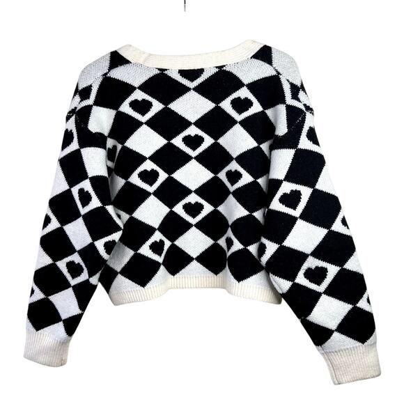 Saachi Checkered Hearts Cardigan Cropped Black White Open Front ONE SIZE - Picture 5 of 5